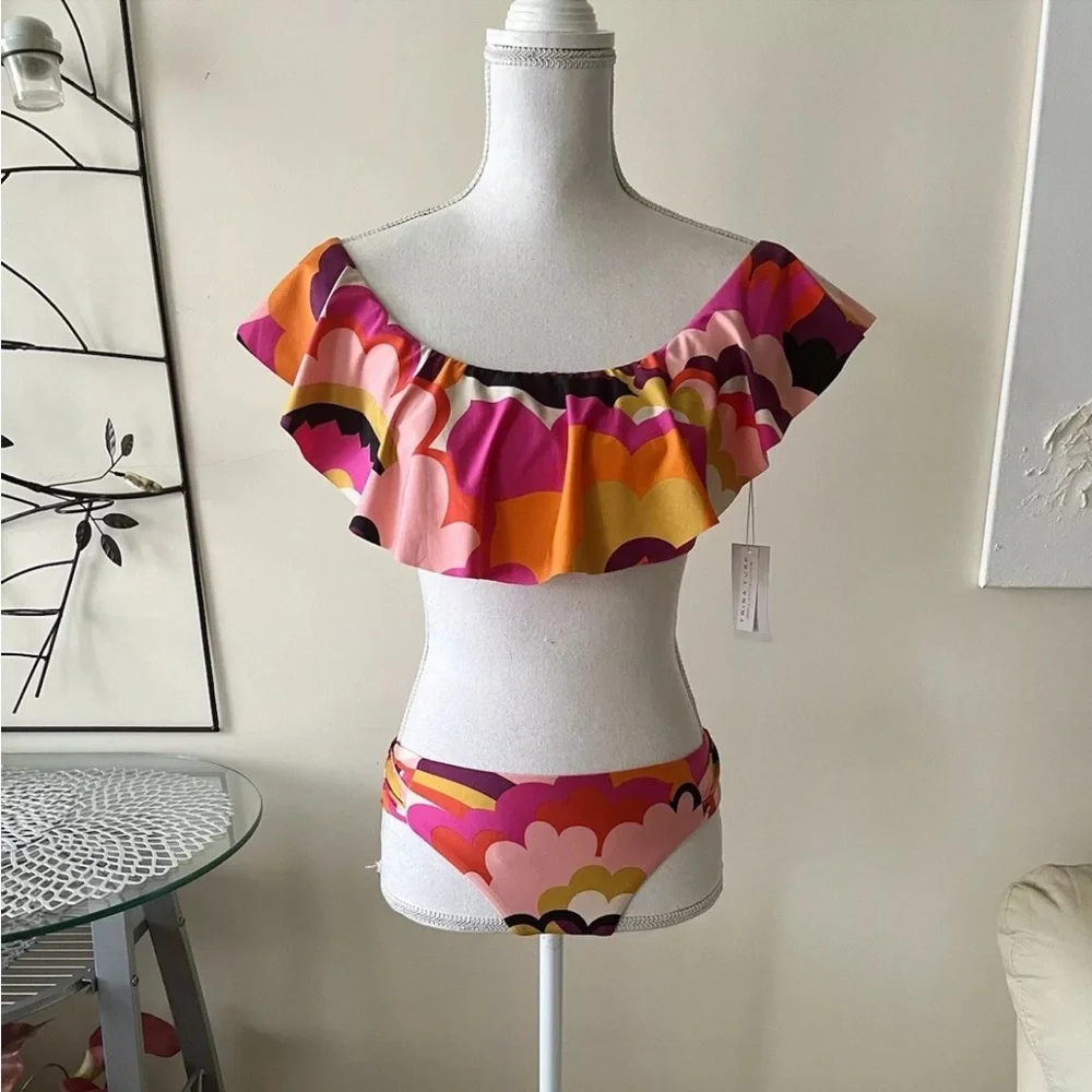 Trina Turk Fan Faire Colorful Ruffle Bandeau Bikini Set Size 8 NWT